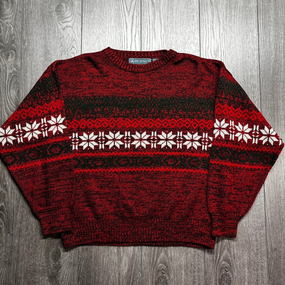 Vintage Van Heusen Mens Medium Red Black Fair Isle Snowflake Knit Sweater